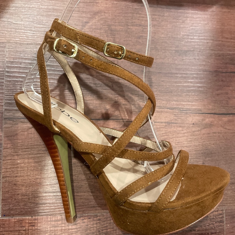 1 WEEK FINAL NEW BEBE Brown Double Ankle Strap High Heel Sandals